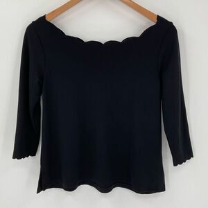 Eri & Ali Pauline‎ Scalloped Top 3/4 Length Sleeve Boatneck Women XS Black
